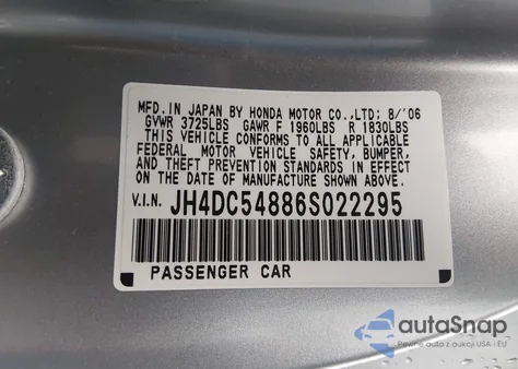 2006 Acura Rsx z USA, uszkodzony, nr VIN JH4DC54886S022295